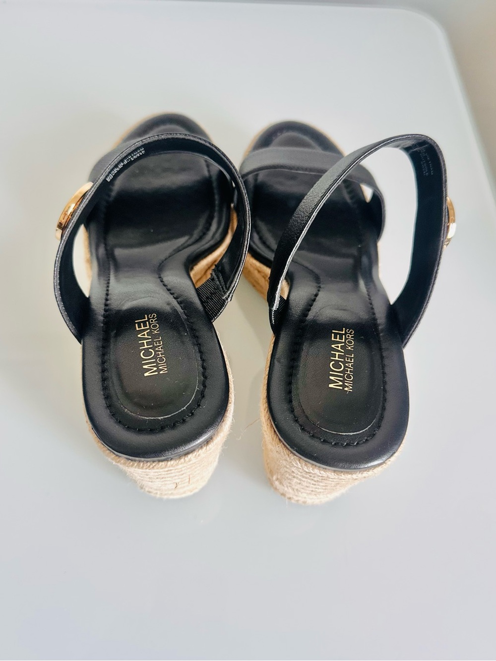 Michael Kors Black Leather Espadrille Wedge Sandals with Gold Logo - Picture 3 of 4
